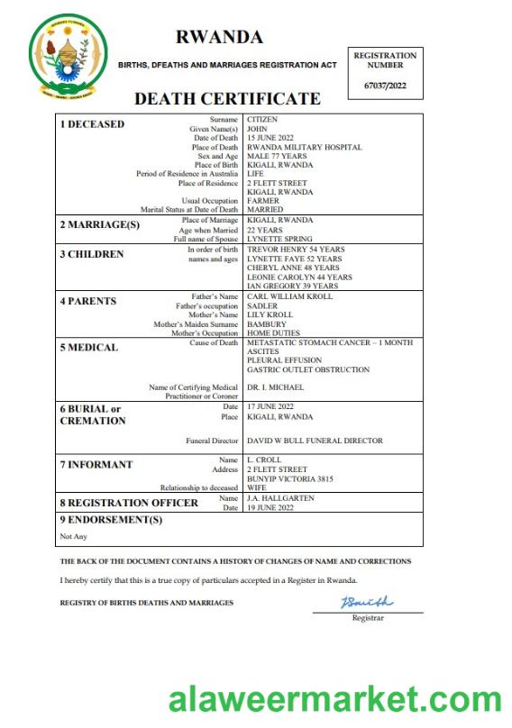 Rwanda vital record death certificate Word and PDF template